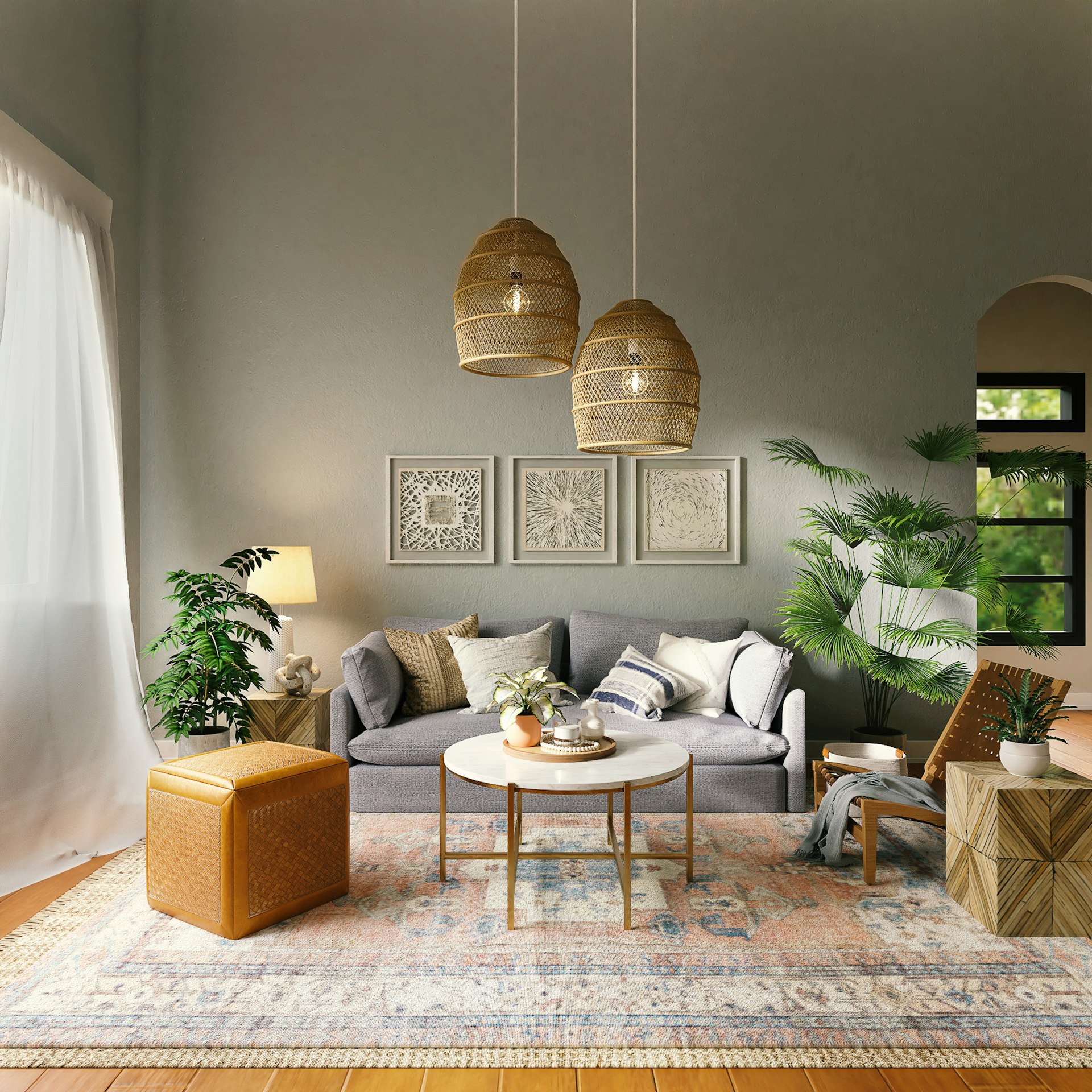 Living room in warm cream tones with rattan and natural fibre textures