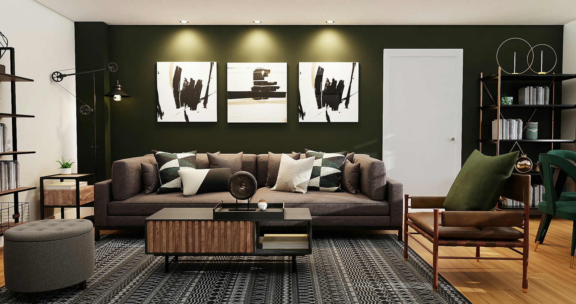 Living room with warm wood, brown upholstery and earthy tones